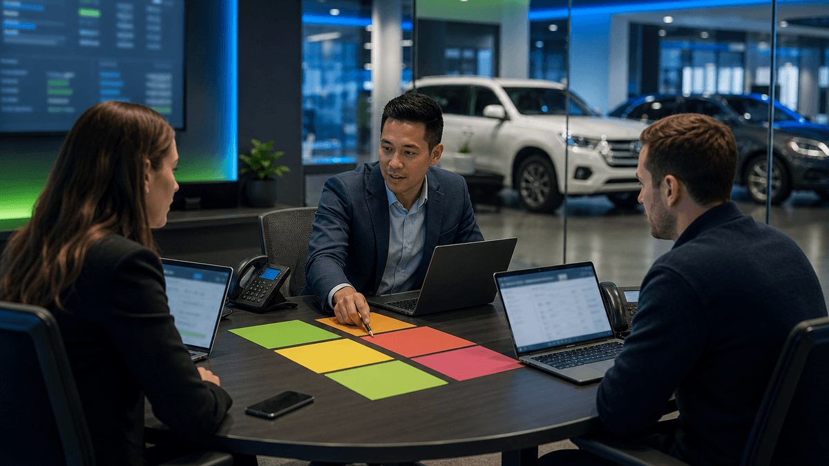 Manager sorting unresolved dealership conversations into risk buckets during a morning standup