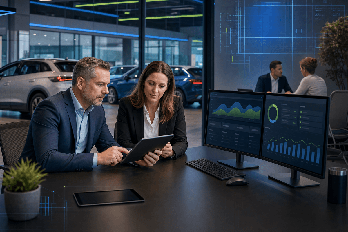 Dealership sales manager reviewing active customer conversations with BDC staff in a modern showroom office
