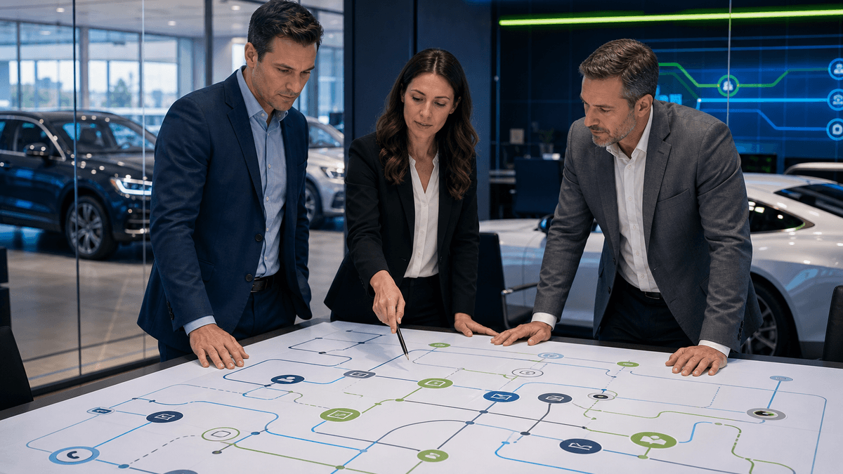 Sales manager mapping where customer state is lost across response handling, follow-up, and scheduling
