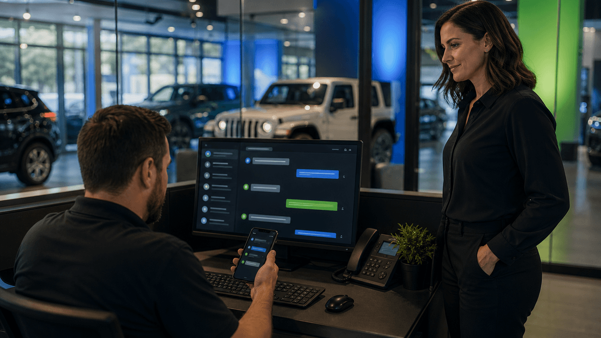 BDC agent handling an inbound customer reply while a manager prepares a clean handoff