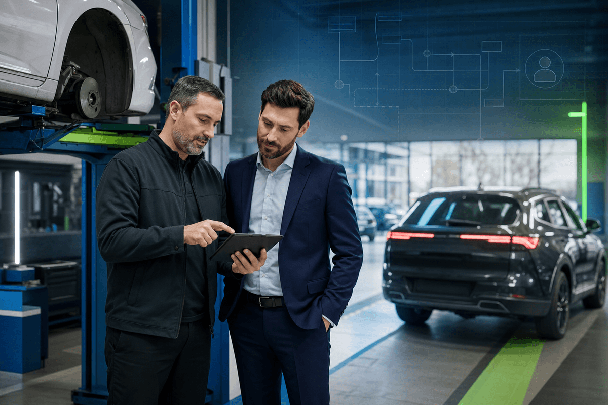 Service manager reviewing a repair order conversation with a sales manager in a dealership service lane