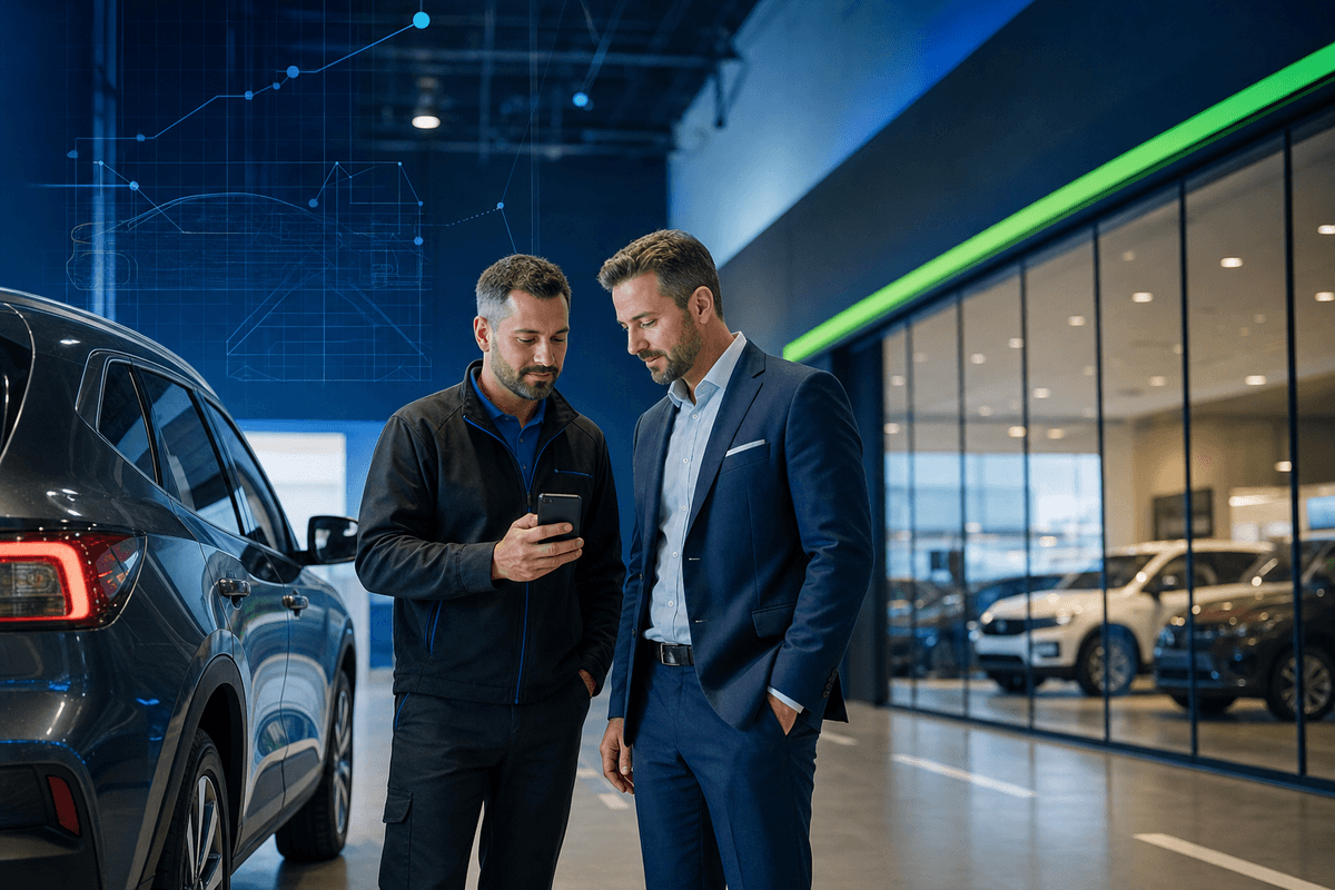 Service advisor and sales manager reviewing a customer conversation after a vehicle service visit in a modern dealership.