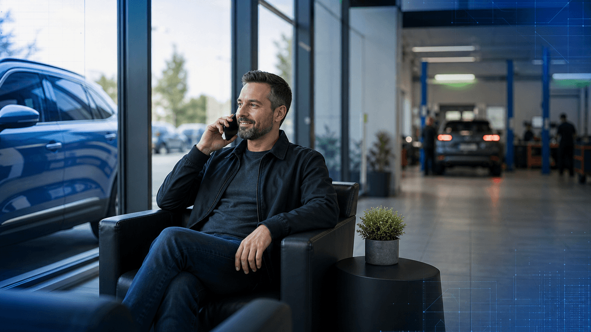Customer in a dealership waiting area receiving a helpful service update on a phone.