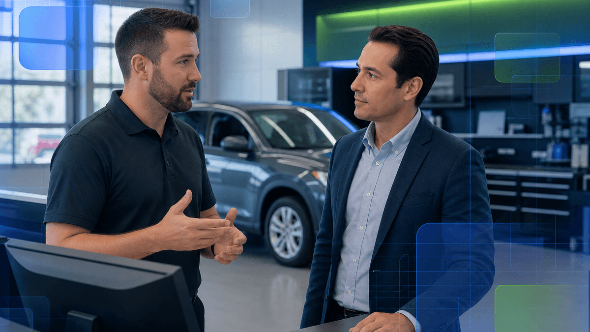 Service advisor and salesperson having a quiet handoff conversation near a repair order workstation.