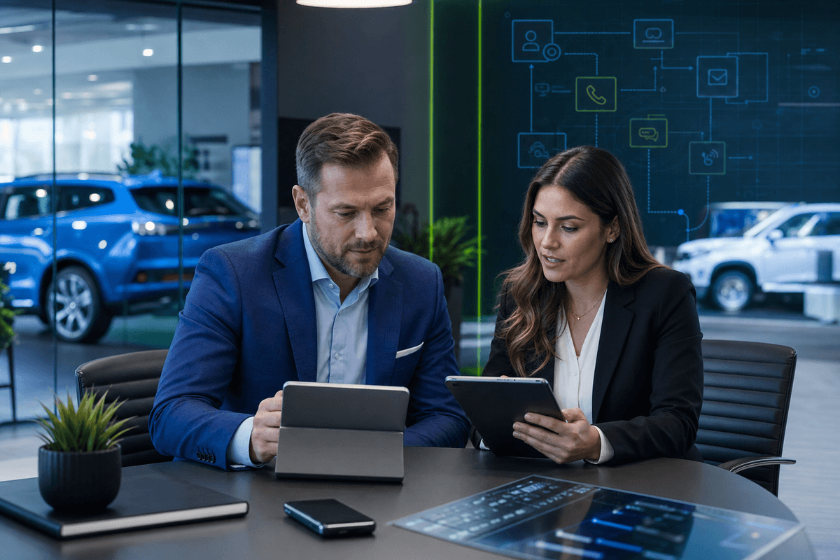 Sales manager reviewing a dealership texting campaign plan with a BDC lead in a modern showroom office