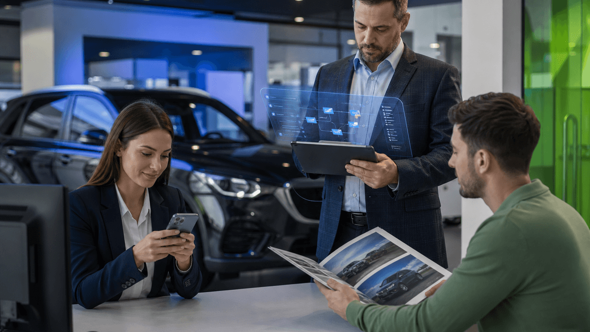 Salesperson handling a customer reply on a phone while a manager watches conversation status