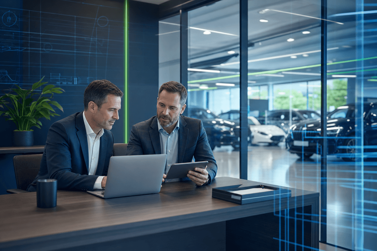 Dealership manager reviewing team adoption and training on a laptop in a showroom office