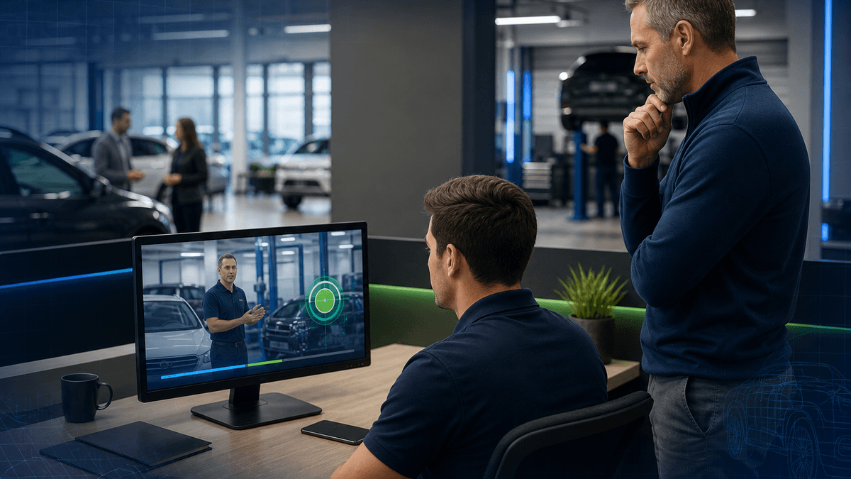 New hire completing a guided video training session in a dealership office