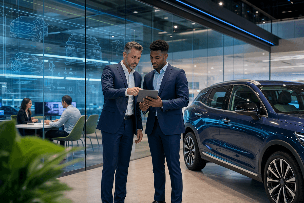 Sales manager reviewing a vehicle inquiry conversation with a salesperson in a modern dealership showroom