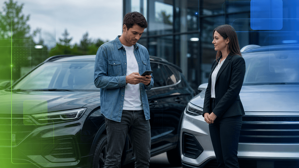 Shopper comparing two vehicles on a phone while standing near a dealership lot