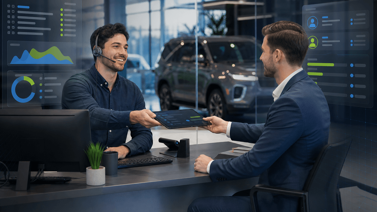 Dealership salesperson taking over a customer conversation with vehicle details visible only as abstract interface elements