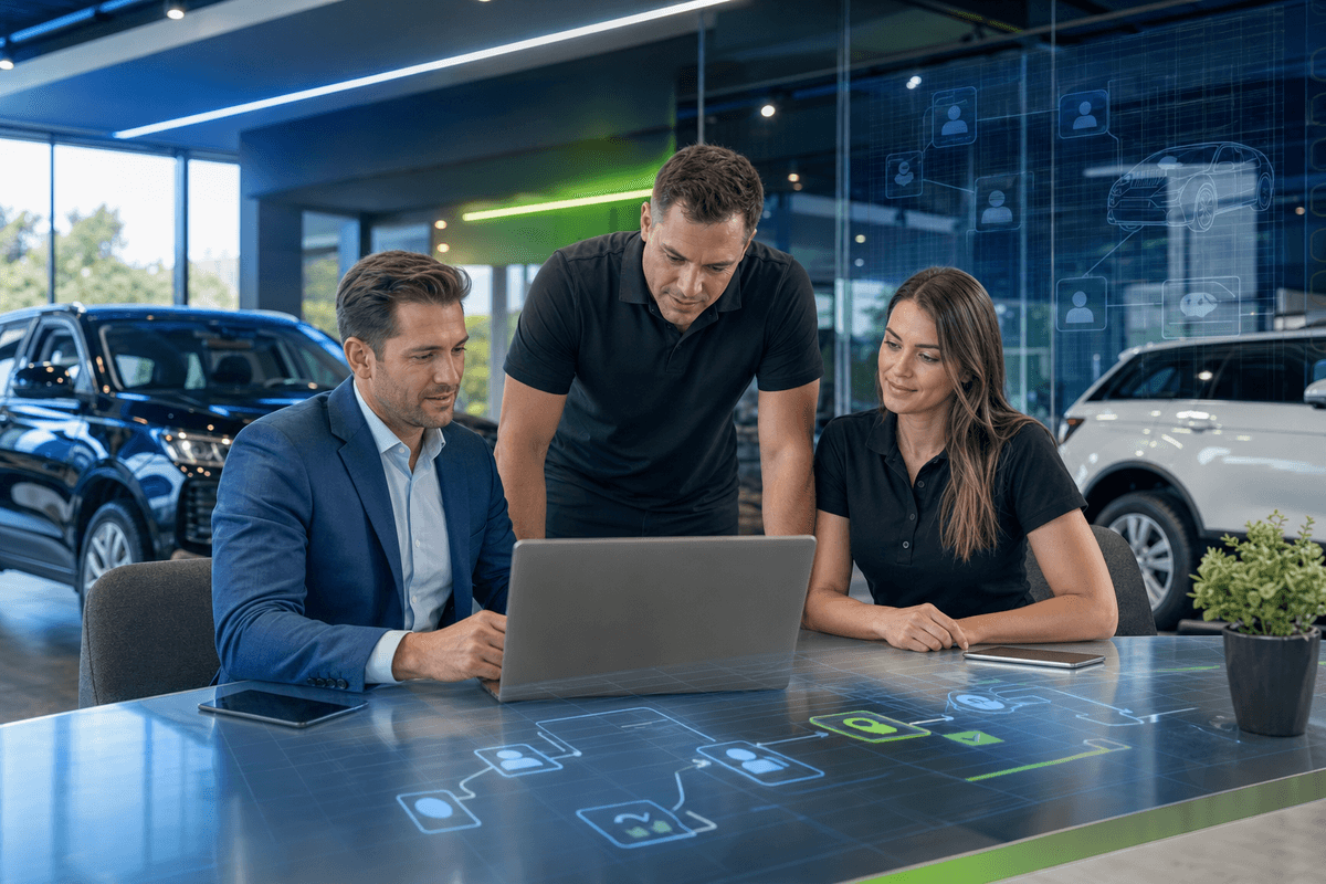 Internet sales manager reviewing website lead intake flow with dealership staff in a modern showroom