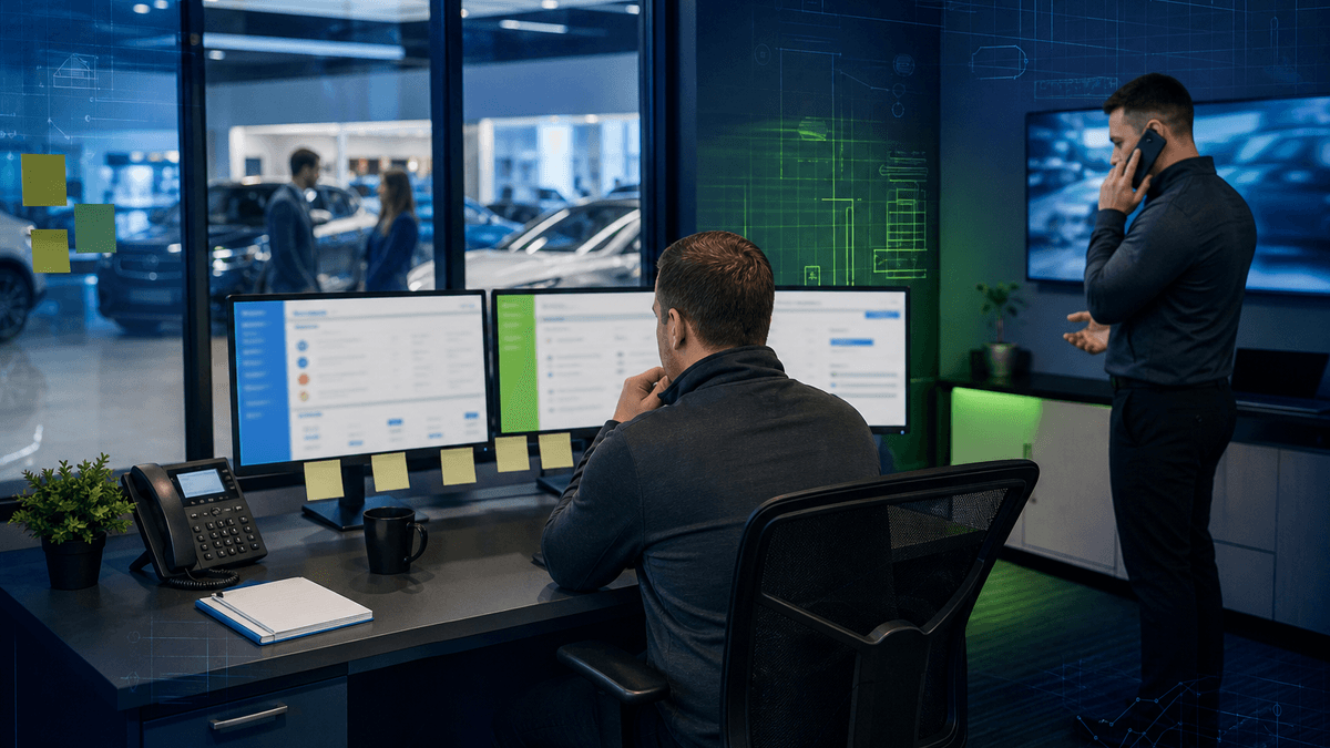 Internet sales manager sorting duplicate dealership website leads at a desk