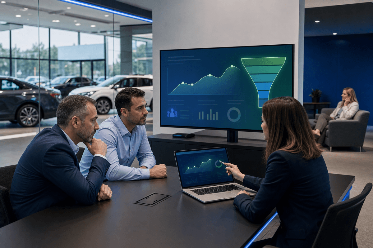 A dealership website team reviewing a fast-loading embedded lead form on a modern workstation