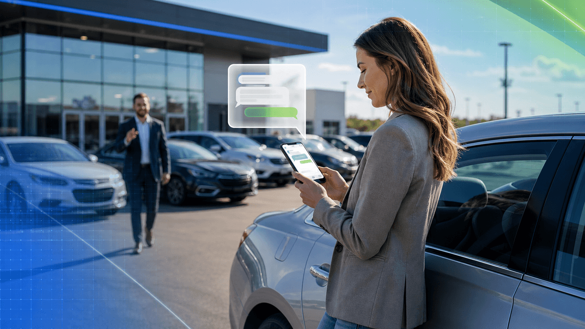 Shopper opening a dealership widget on a mobile phone while standing near a vehicle