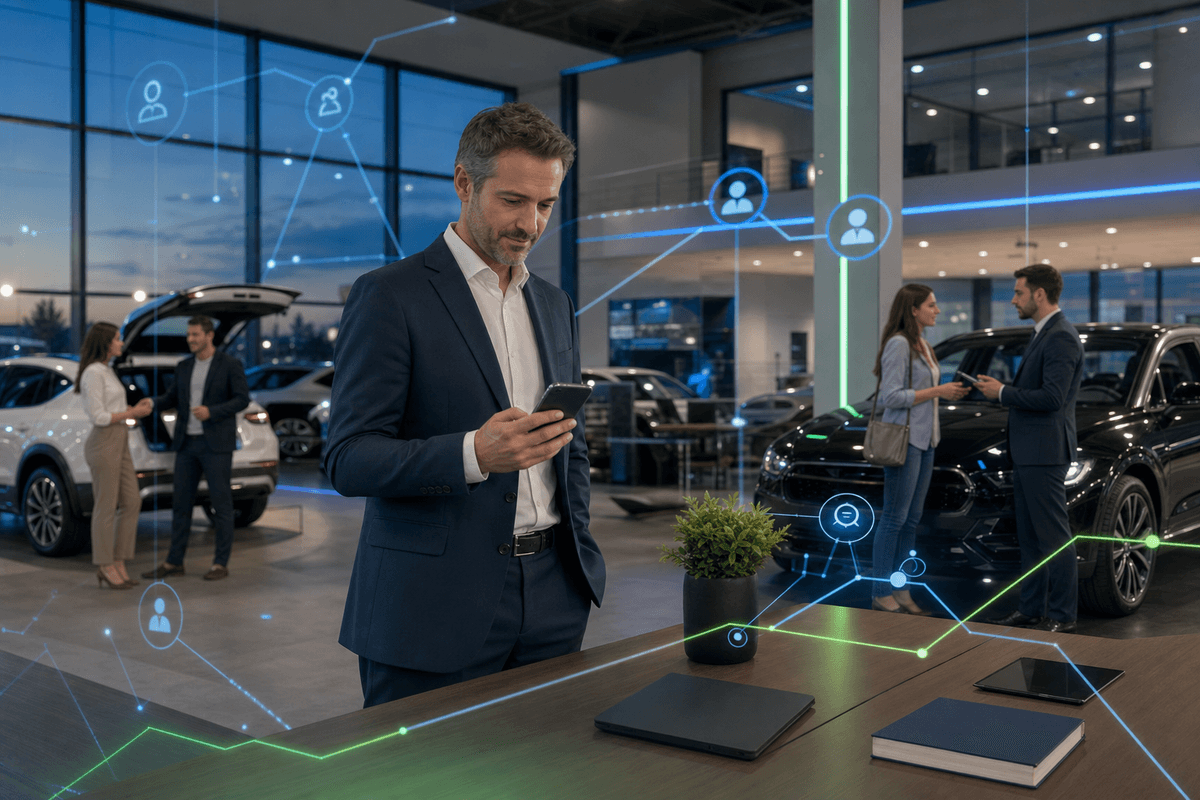 Dealership manager reviewing customer messages on a phone while a sales team works nearby in a modern showroom.