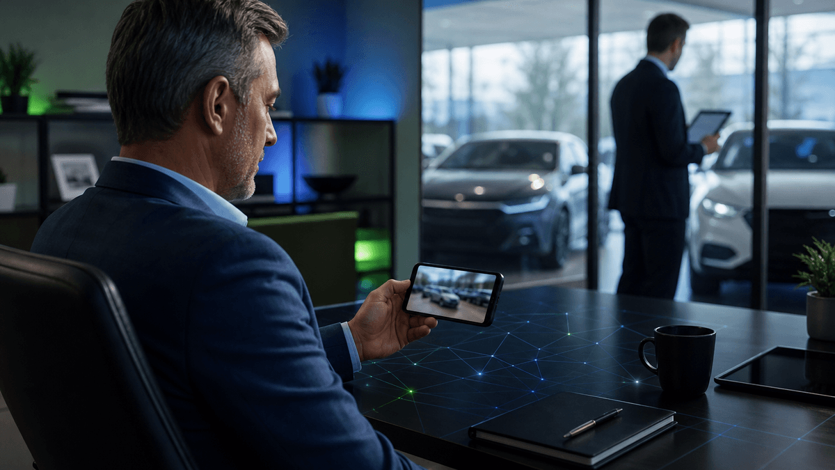 A dealership sales manager watching short-form car negotiation videos on a phone at a desk.