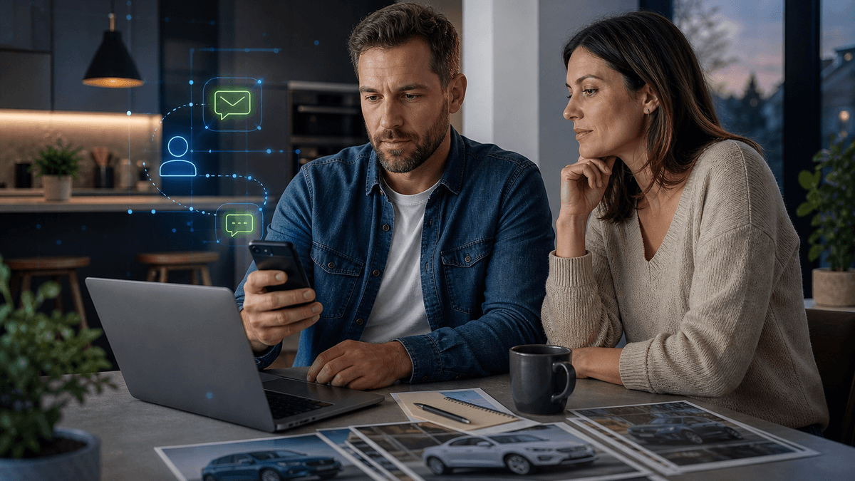A buyer at home comparing vehicle options while texting with a dealership representative.