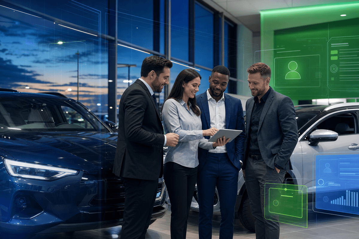 Dealership manager reviewing customer conversation activity with sales staff in a modern showroom