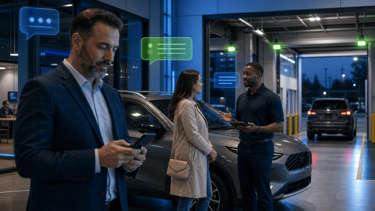 Sales manager watching inbound customer messages during evening showroom hours