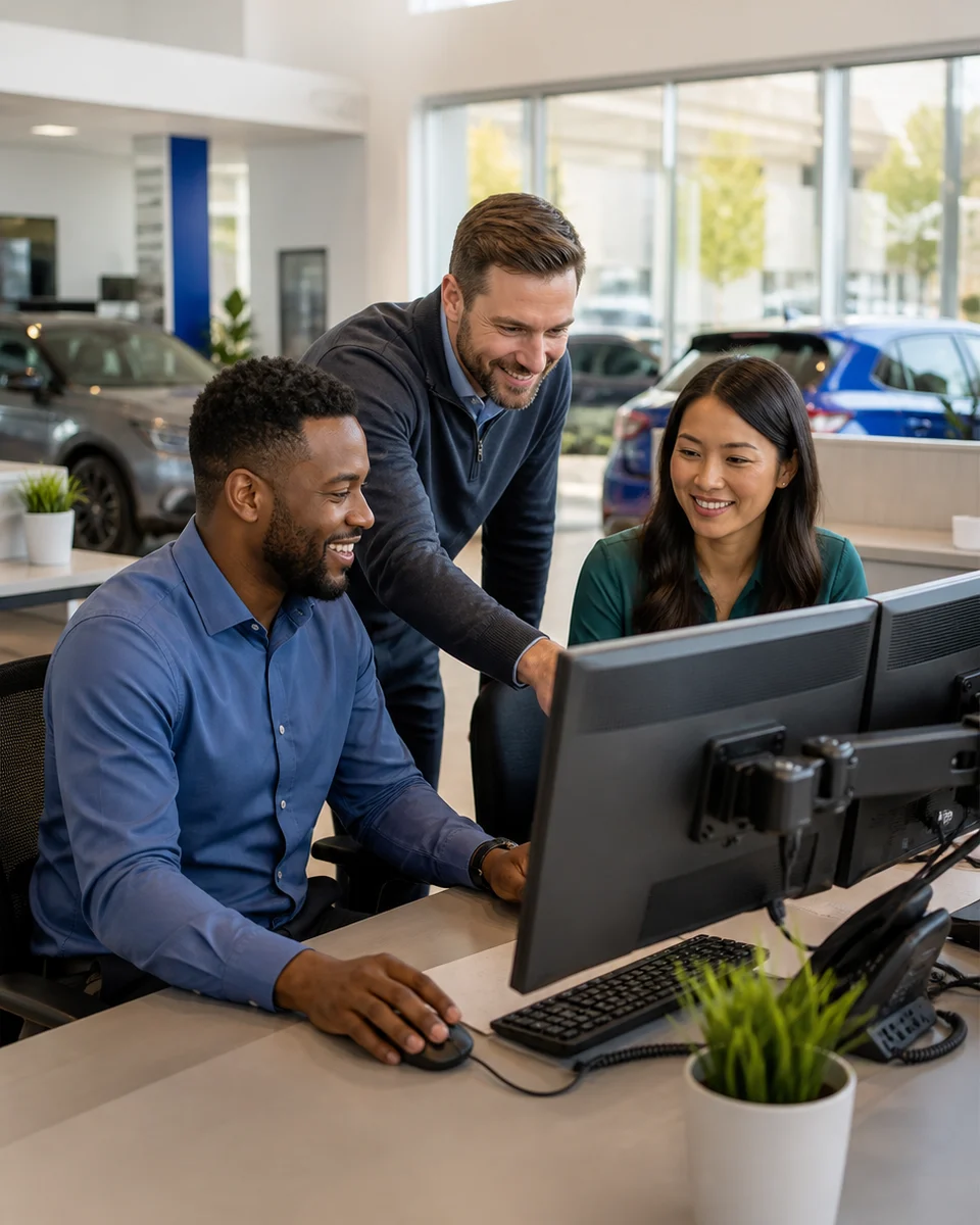 Dealership team collaborating around customer conversations with TECOBI support