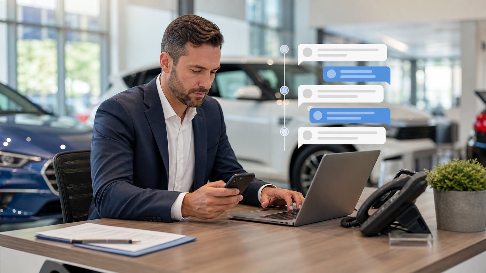 Dealership salesperson using a CRM task queue and phone to reactivate older customer opportunities.