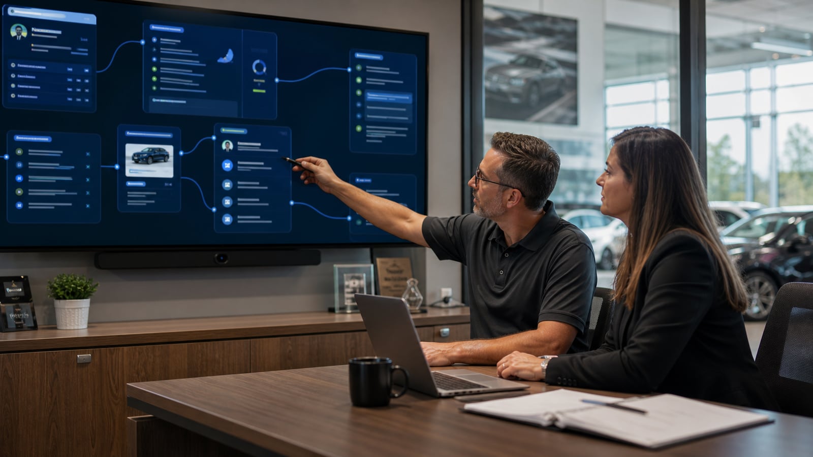 Dealership managers reviewing connected CRM, DMS, inventory, and finance workflows on a dashboard.