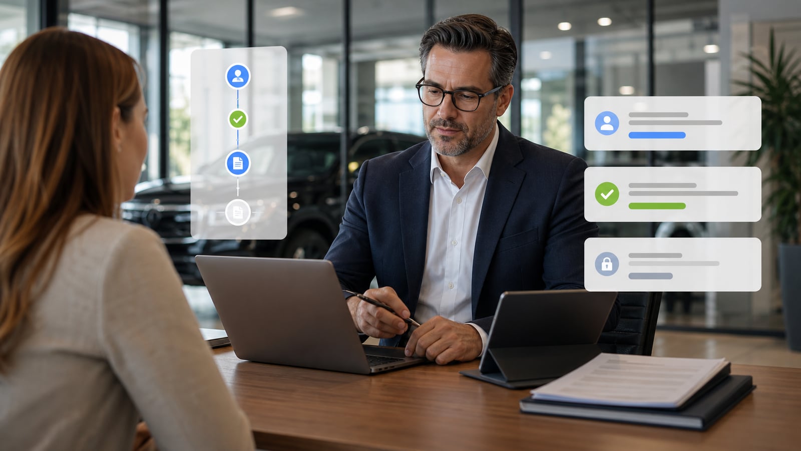Dealership finance manager reviewing approval and document workflow at a finance desk.