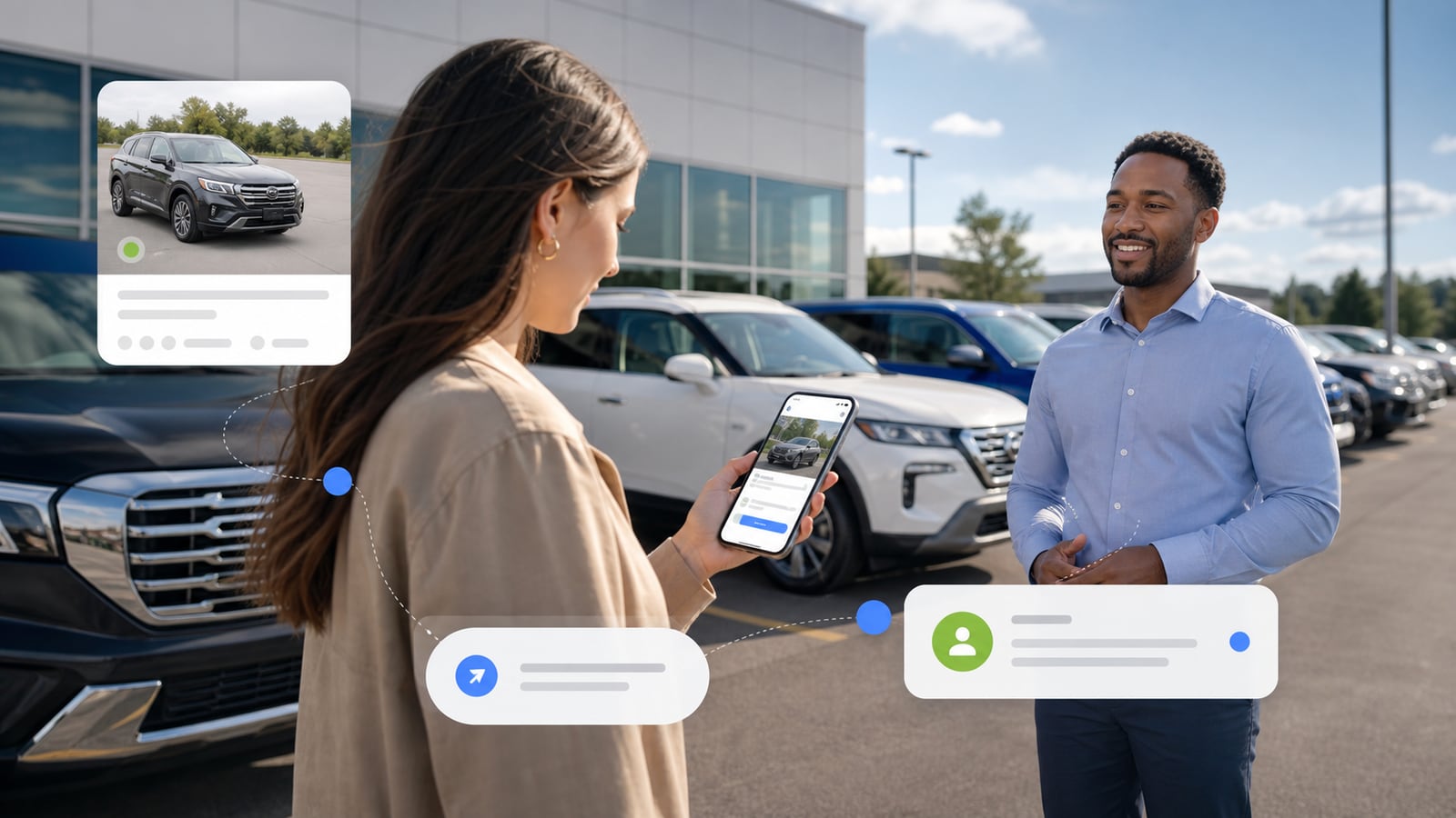 Car shopper viewing inventory on a phone while a dealership salesperson stands near vehicles on the lot.