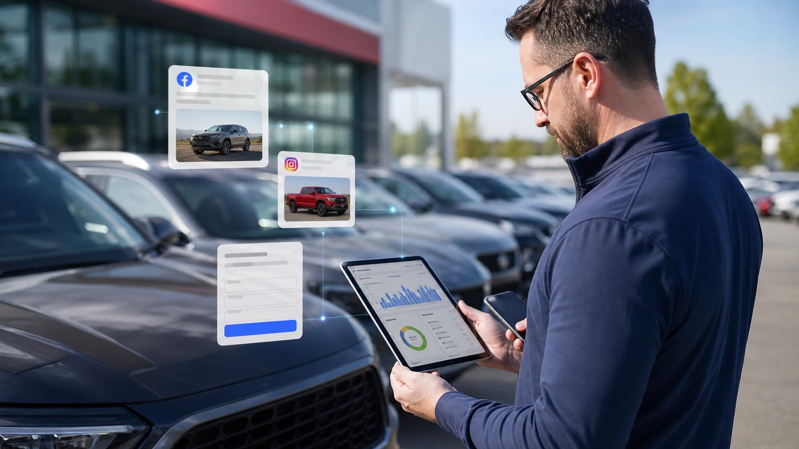 Dealership marketing manager reviewing lead campaigns on a tablet beside vehicle inventory.