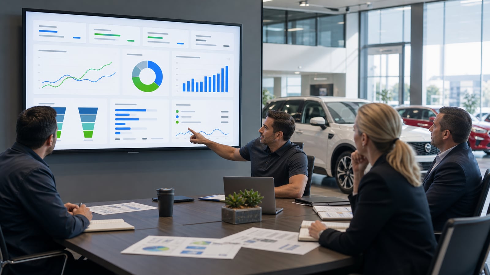 Dealership managers reviewing appointment, show, sold, and gross profit reporting in a meeting.