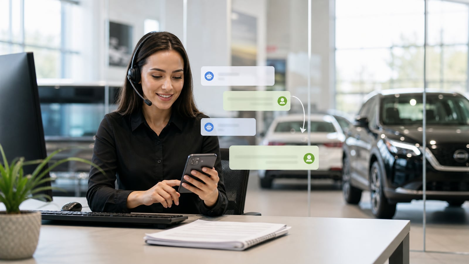 Dealership BDC agent handling inbound customer replies and text conversations from a workstation.