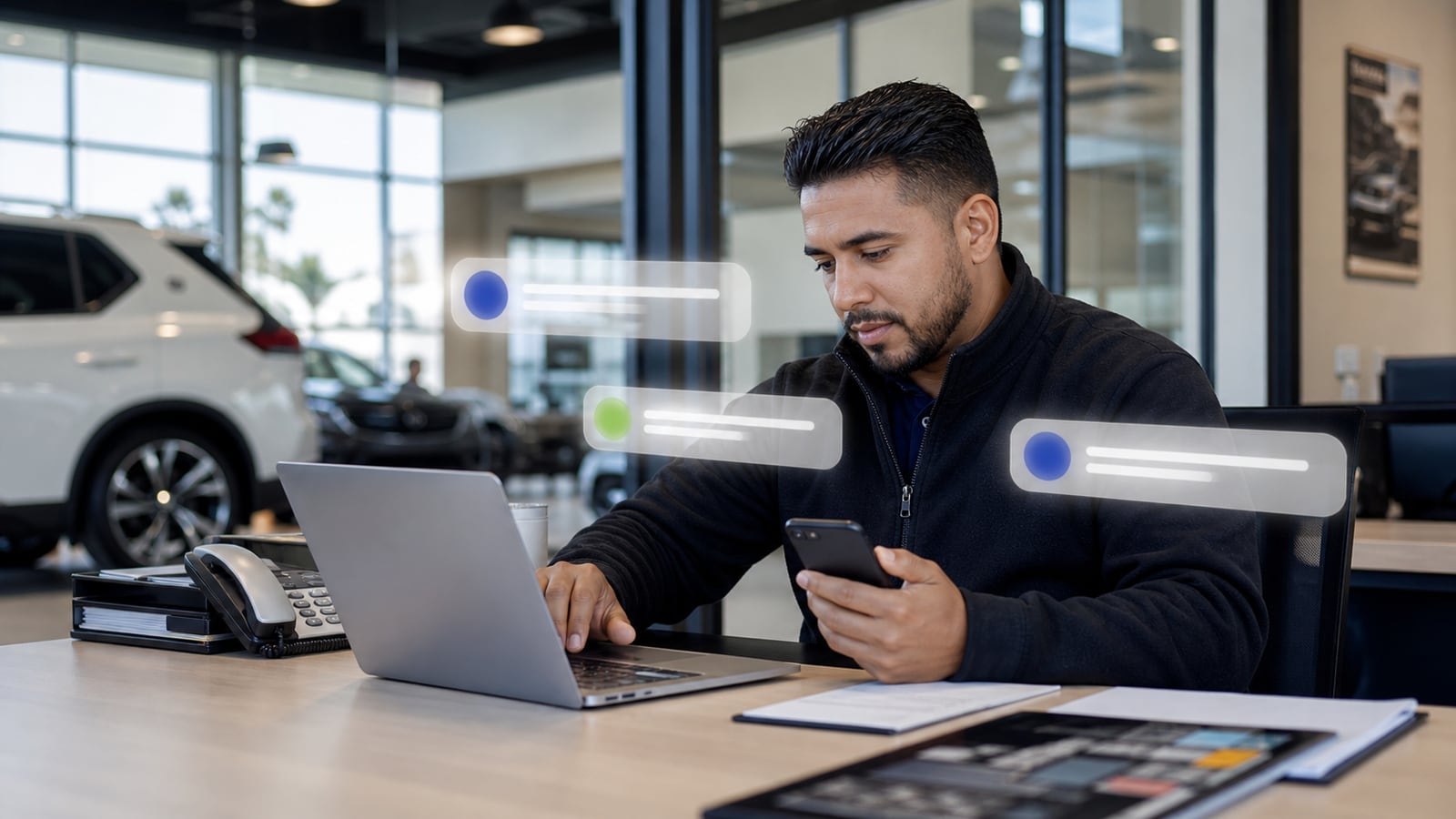 Dealership salesperson using a laptop and phone to manage customer follow-up inside a showroom.
