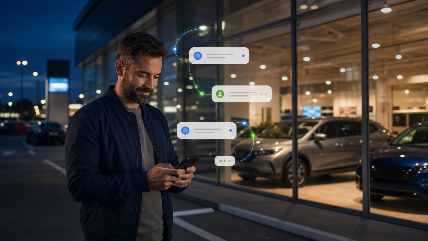 Customer using a phone outside a lit dealership showroom after hours.