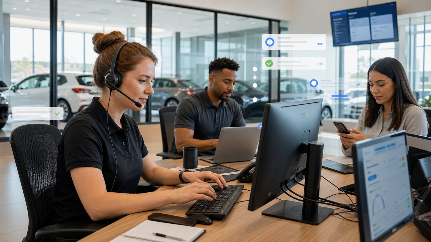 Dealership BDC team managing customer conversations from laptops and headsets.
