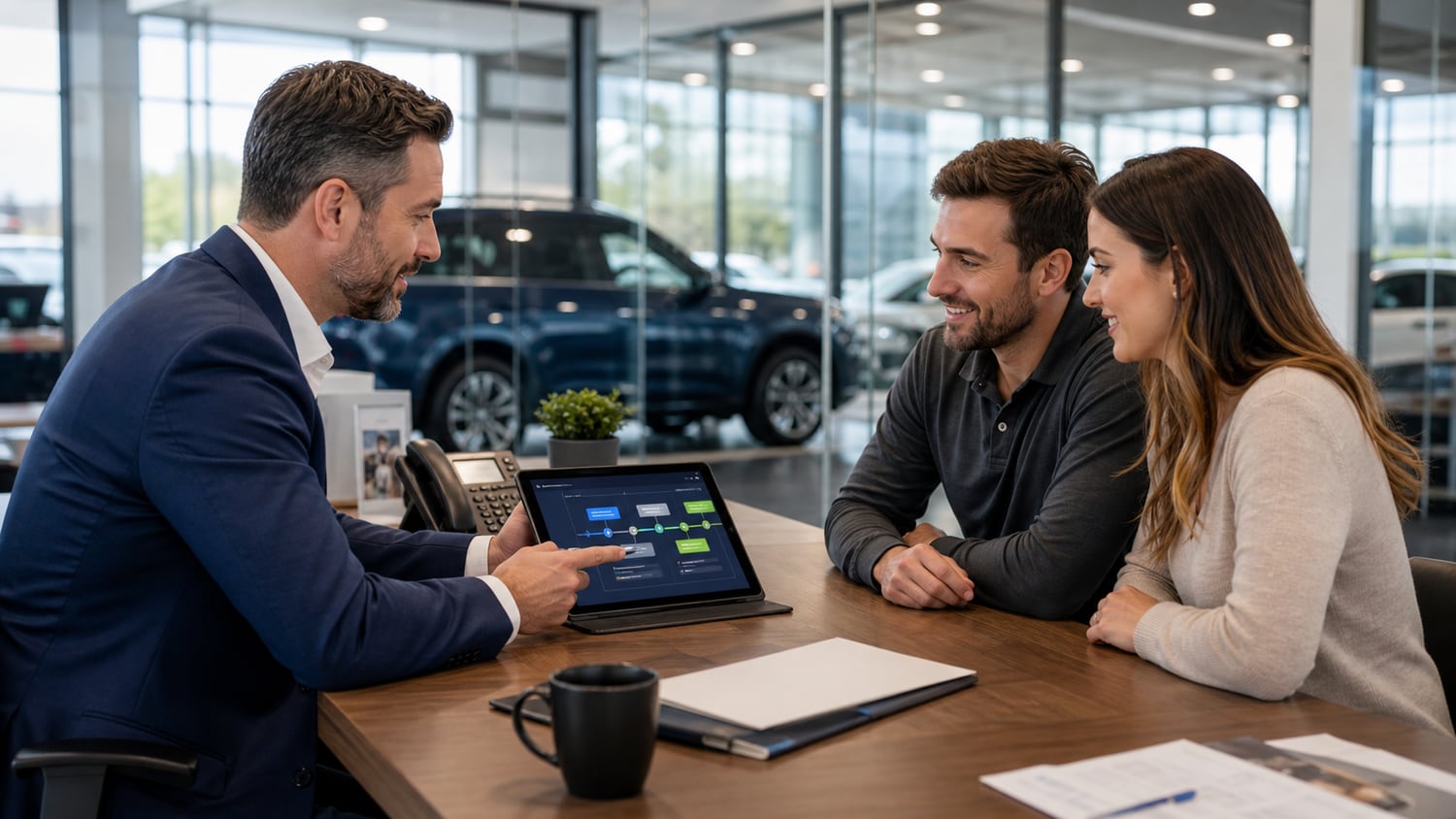 Finance manager reviewing customer details at a dealership desk.