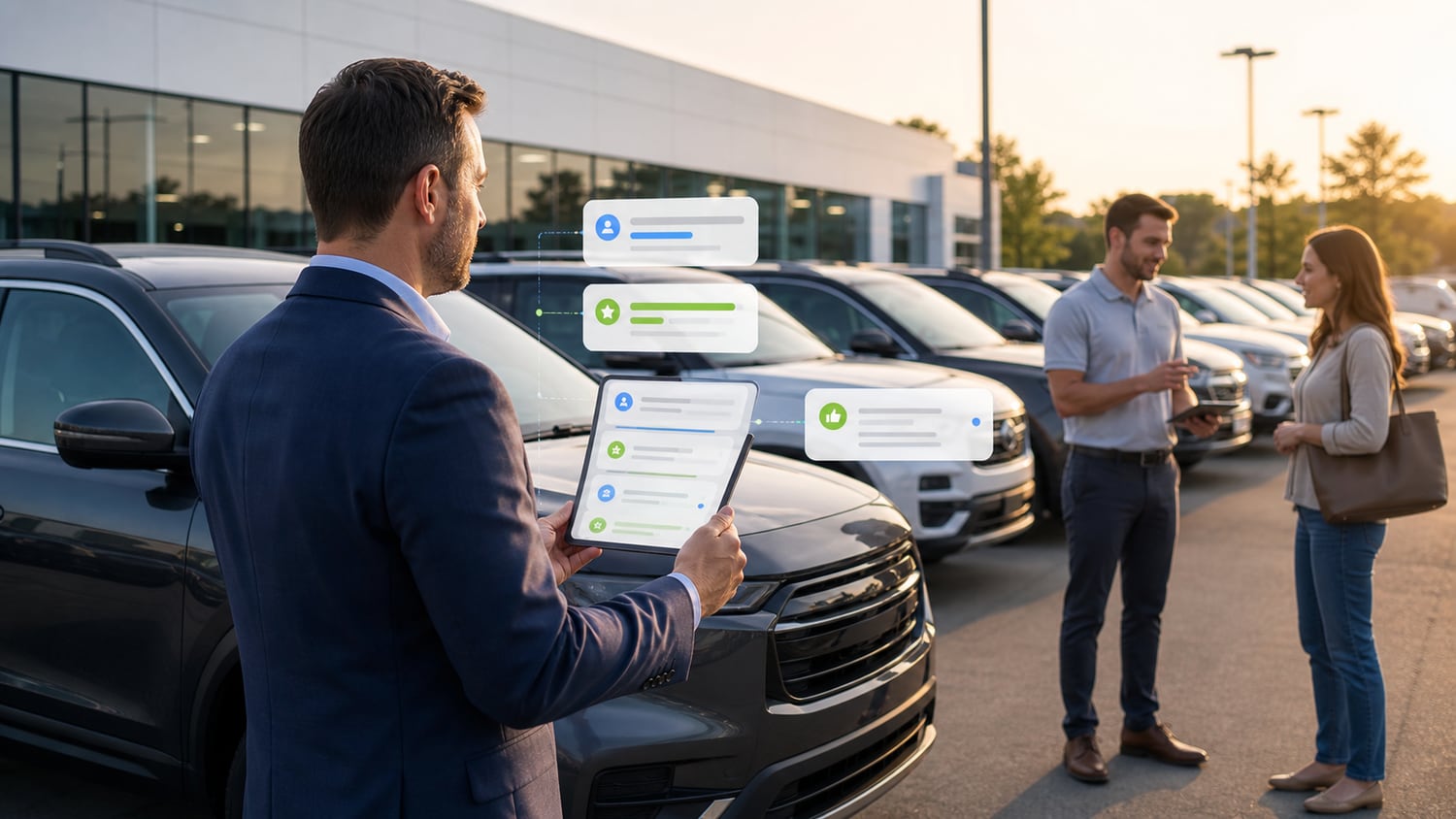 Dealership manager on a vehicle lot reviewing incoming demand on a tablet.