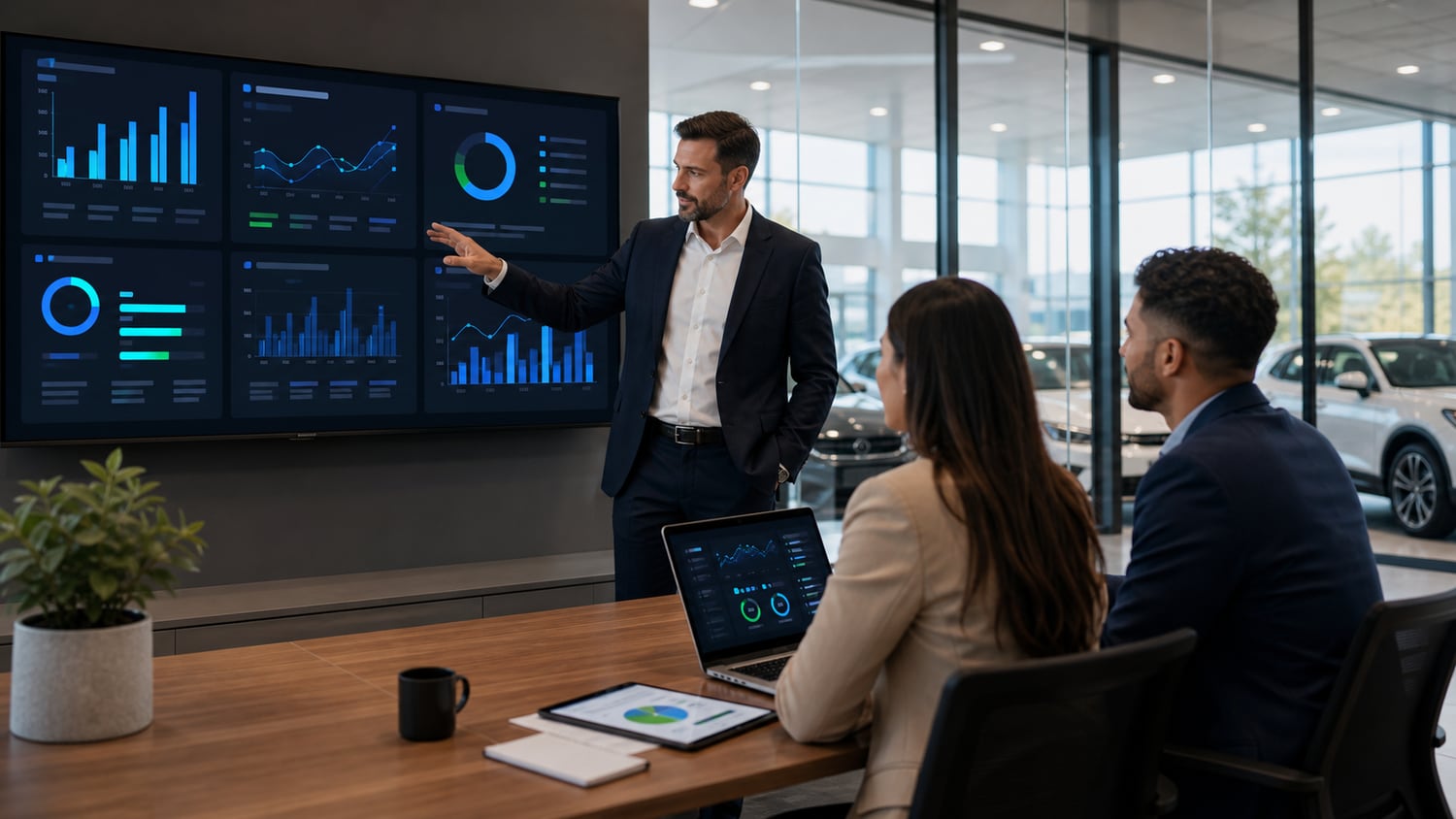 Dealership manager reviewing pipeline dashboards with a sales team.