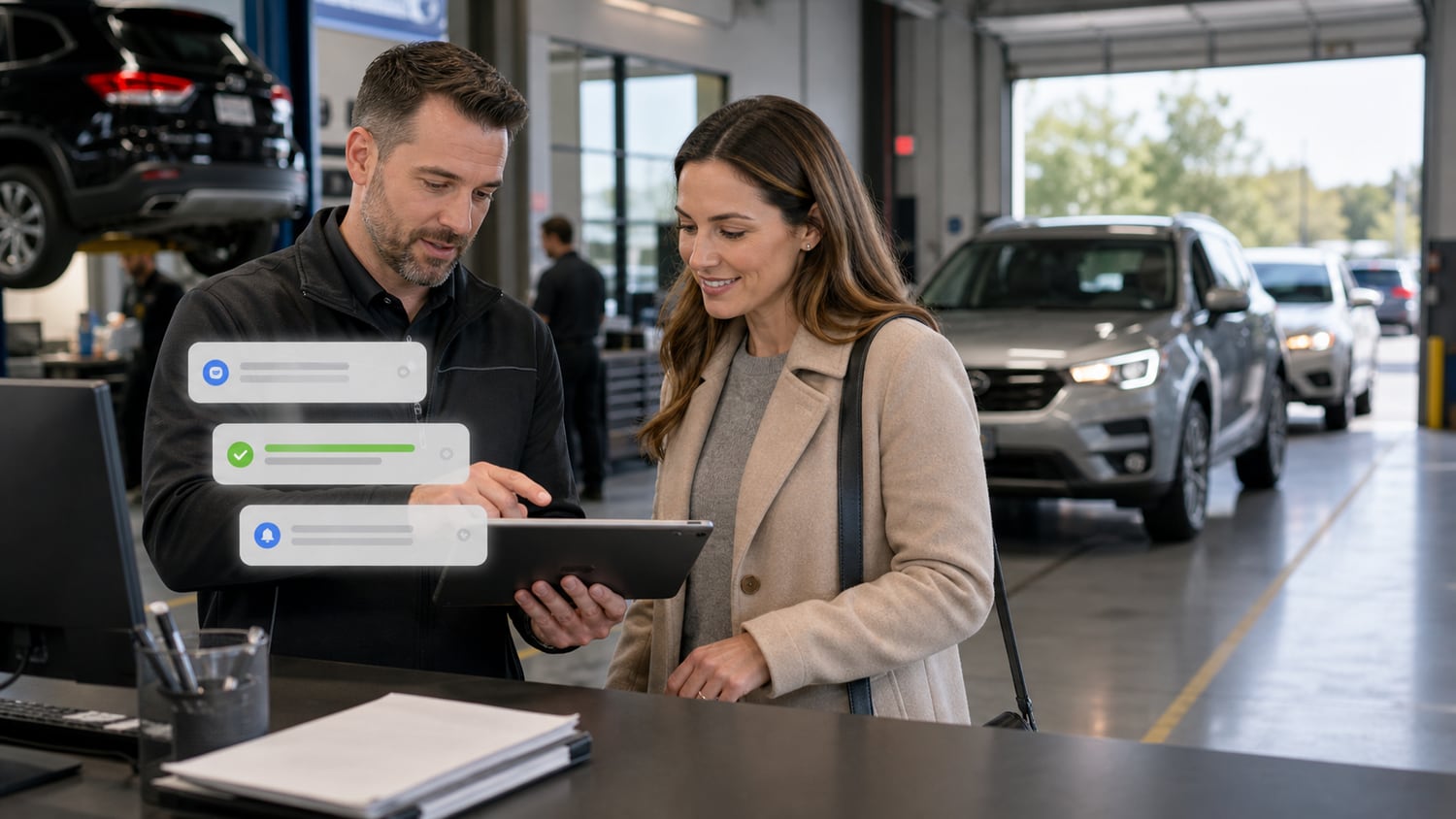 Service advisor reviewing customer follow-up context with a returning dealership customer.
