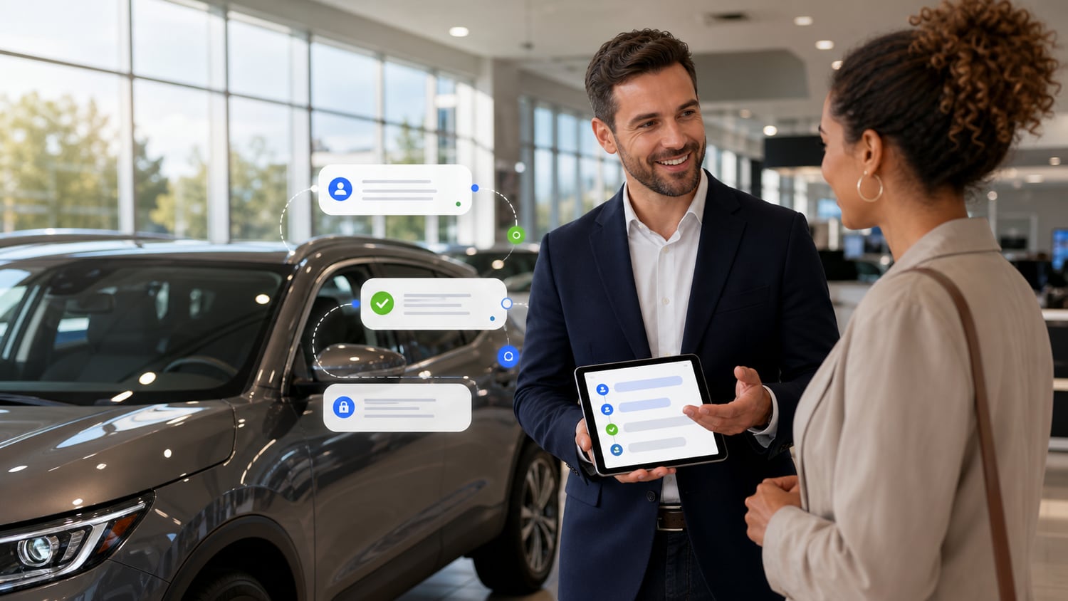 Salesperson using a tablet while handing off a customer conversation in a dealership showroom.