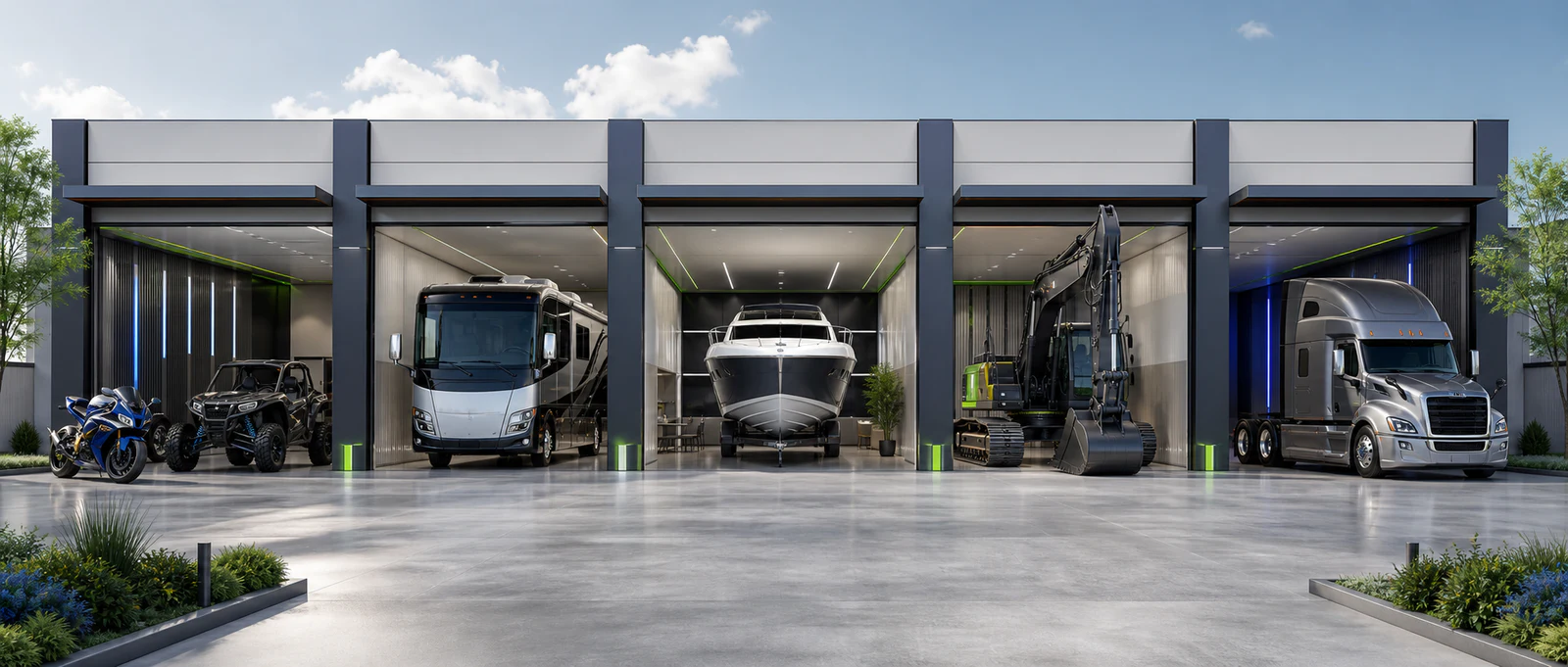 Powersports, recreational vehicle, marine, heavy equipment, and commercial trucking inventory displayed across a modern dealer campus