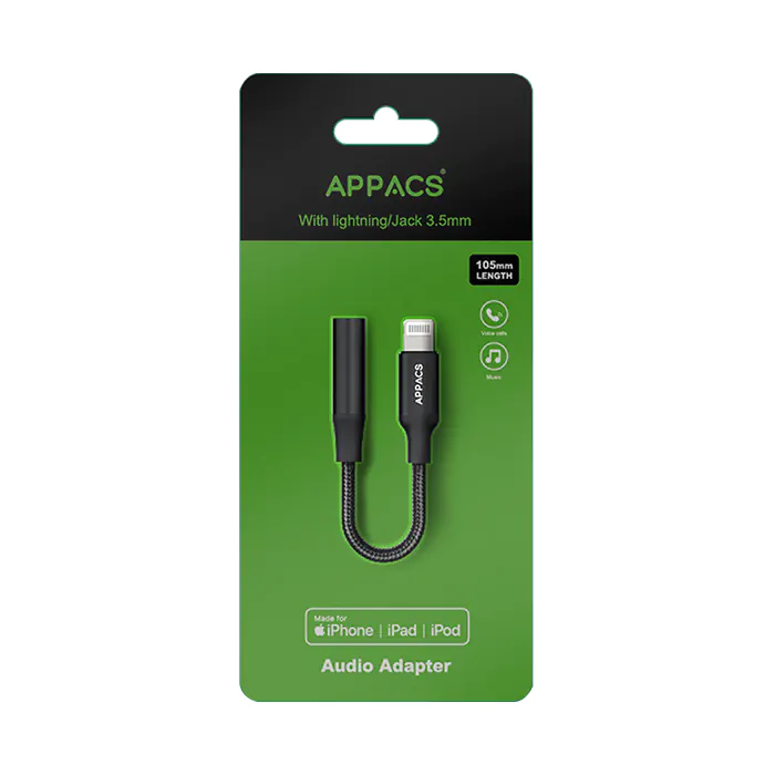 Adaptador de audio APPACS Adaptador MFi de audio con aluminio y nylon en color negro