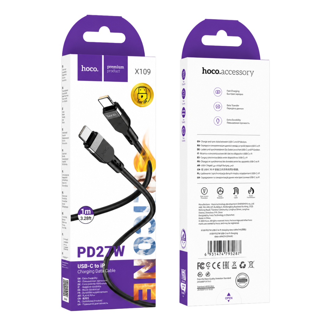 Cable HOCO USB C a Lightning de Silicona 27W | 2 m en color negro