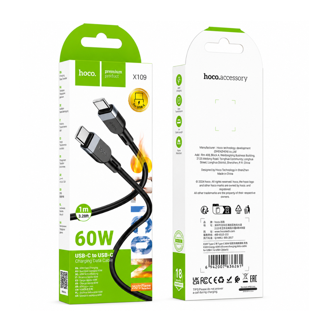 Cable HOCO USB C a USB C de Silicona 60W | 1 m en color negro