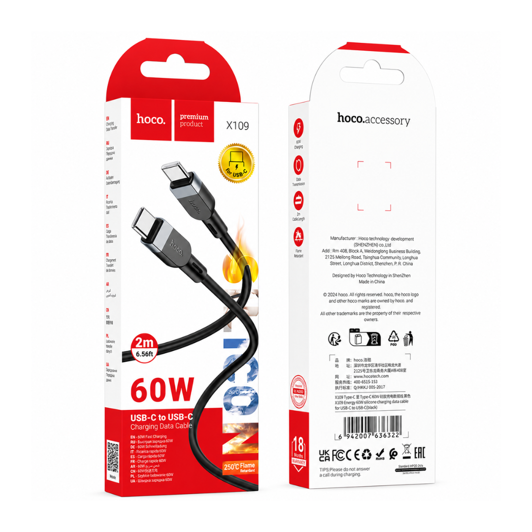 Cable HOCO USB C a USB C de Silicona 60W | 2 m en color negro