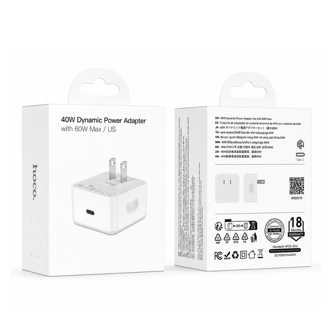 Cargador de pared HOCO USB C PD de 40W en color blanco