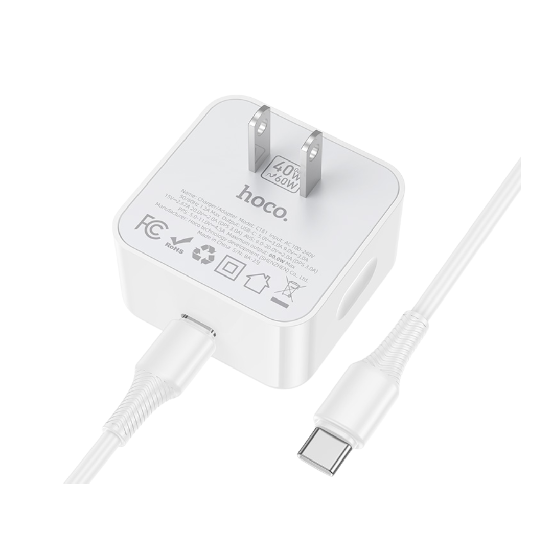 Imagen de Cable HOCO Kit de Carga USB C PD de 40W con Cable USB C en color blanco