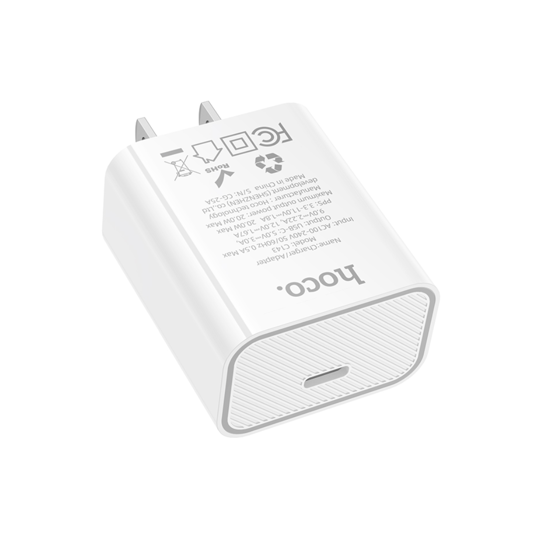 Imagen de Cargador de pared HOCO USB C PD de 20W en color blanco