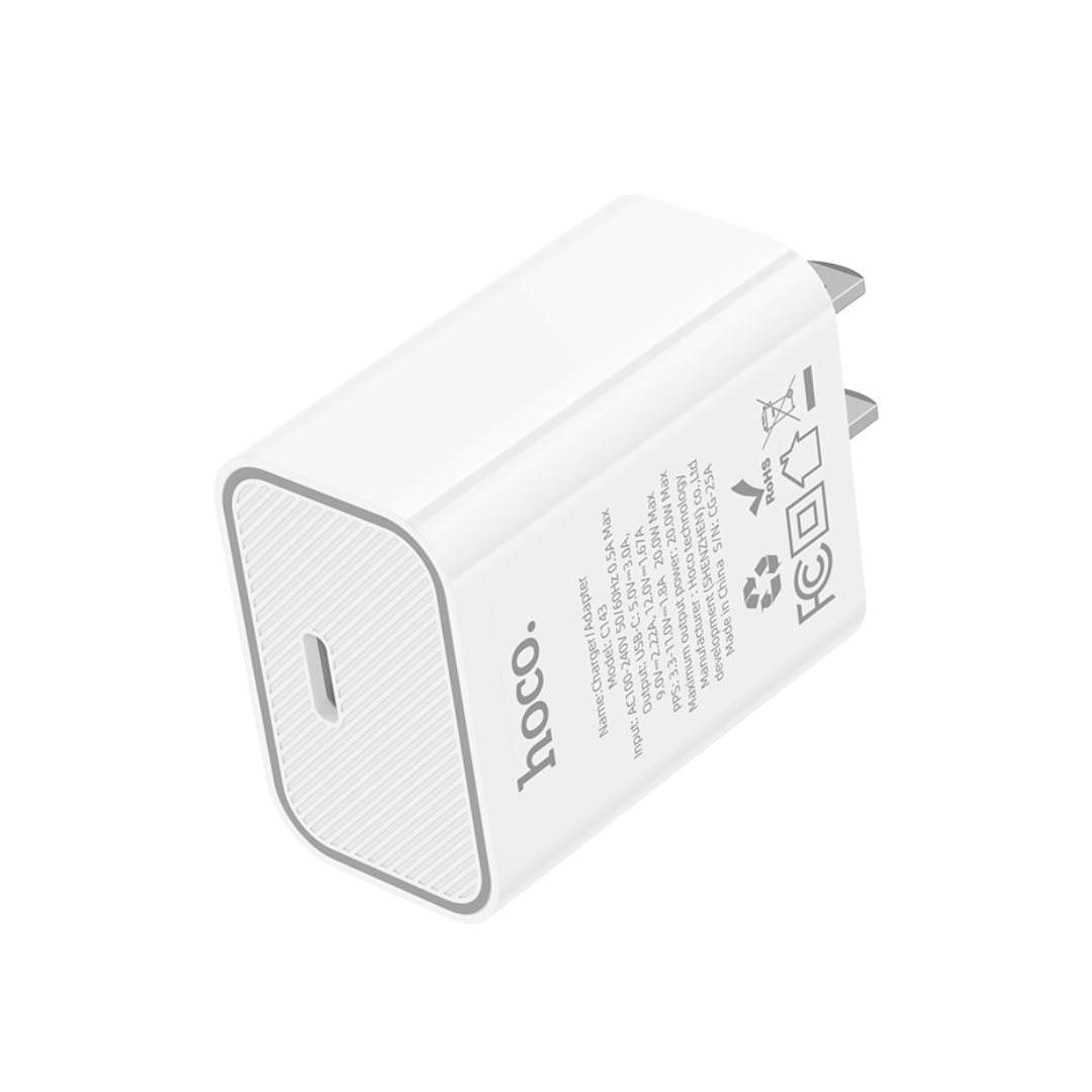 Cargador de pared HOCO USB C PD de 20W en color blanco