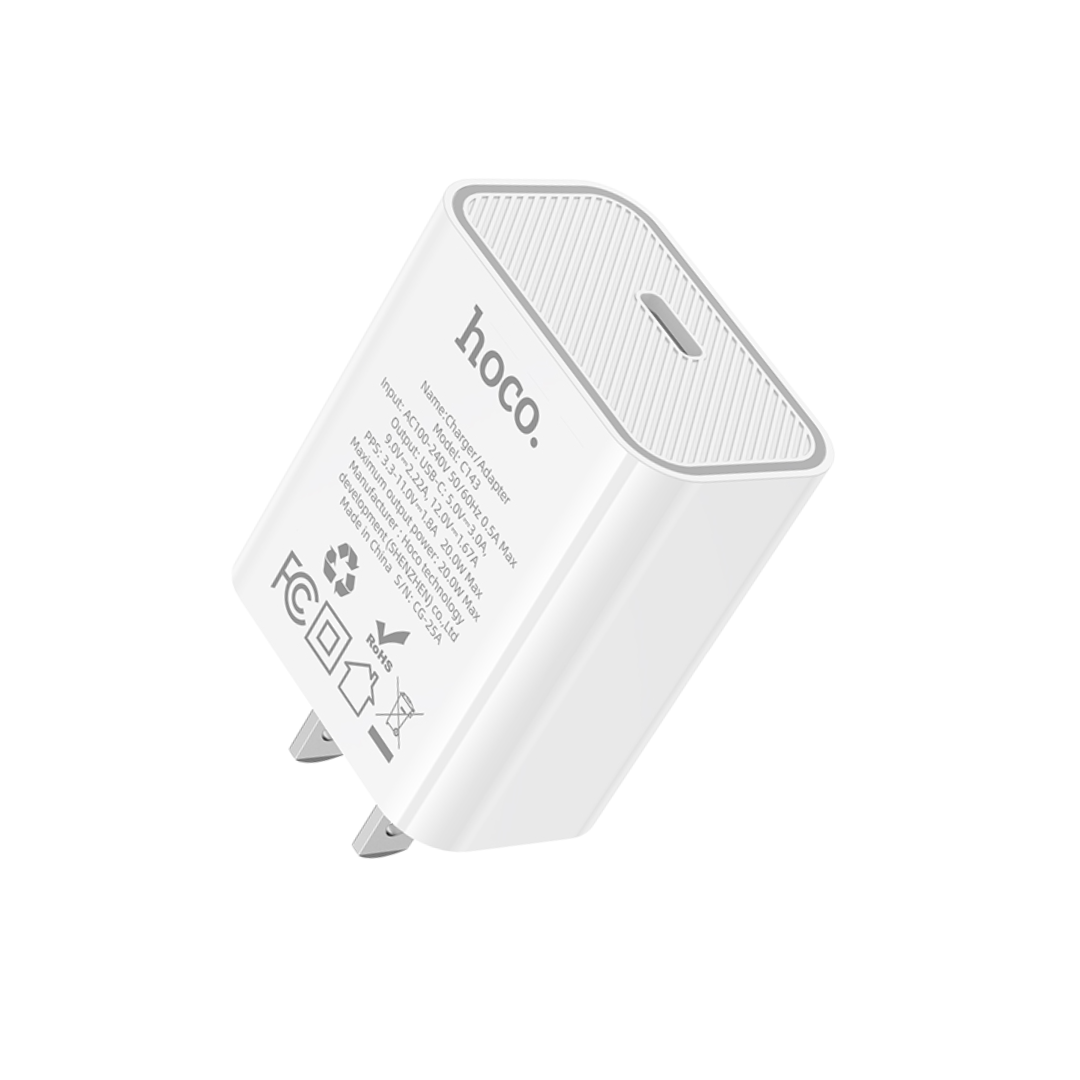 Cargador de pared HOCO USB C PD de 20W en color blanco